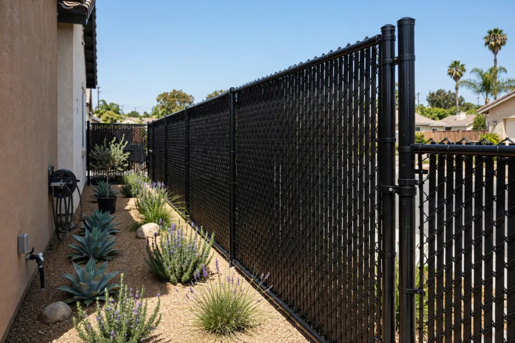 Black vinyl-coated chain-link fence with privacy slats in Sacramento