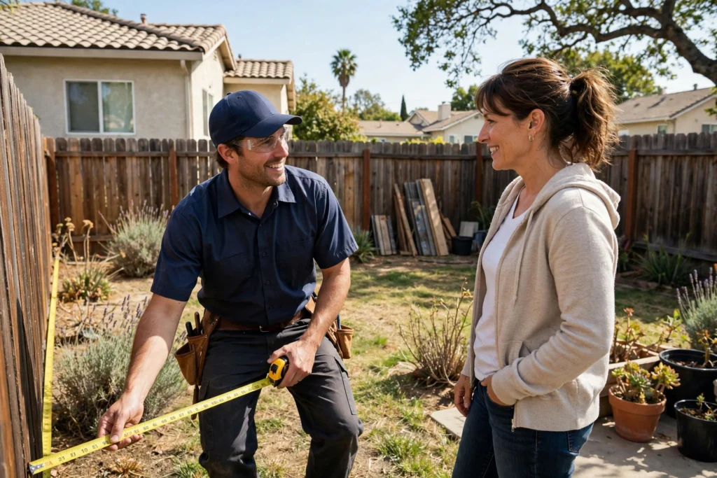Fence contractor measuring a backyard fence line with a homeowner in Sacramento