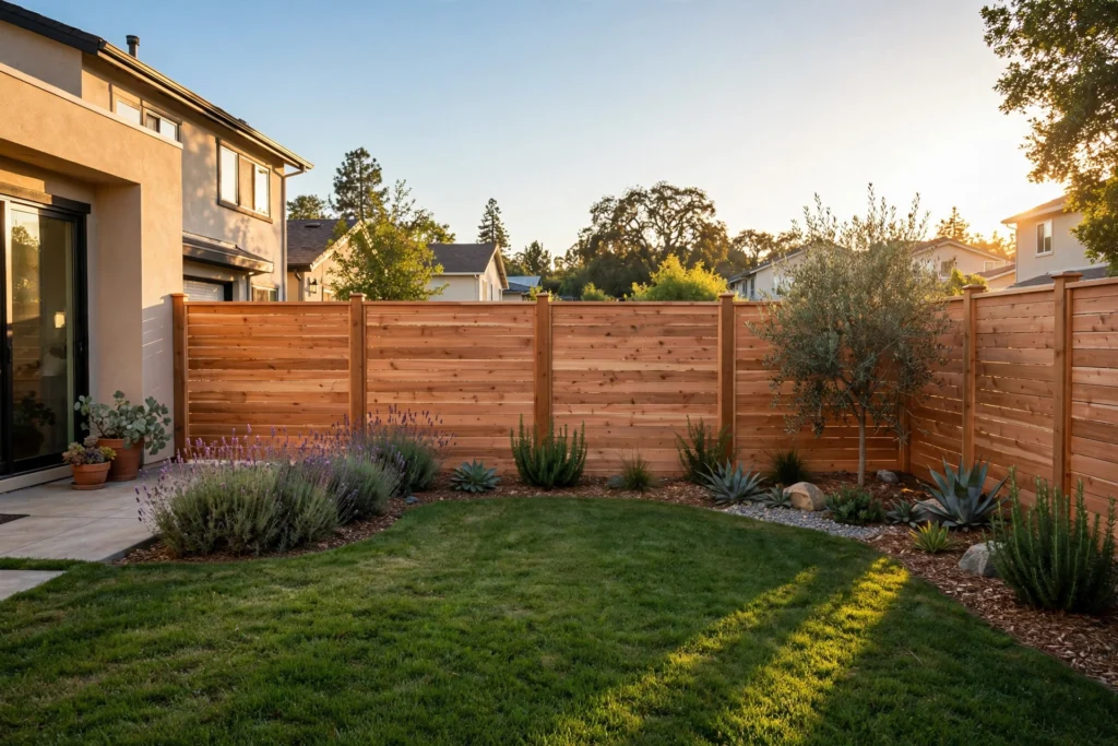 New cedar privacy fence in a Sacramento backyard at sunset