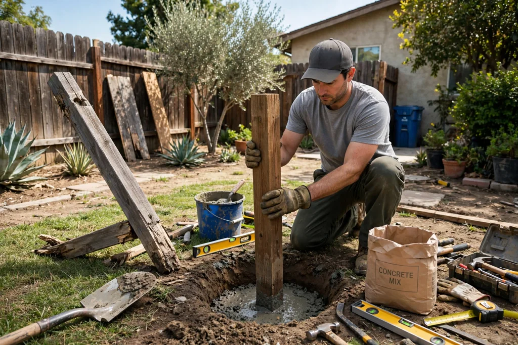 Fence contractor replacing a leaning fence post in Sacramento