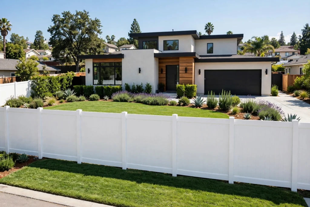 White vinyl privacy fence in front of a Sacramento home