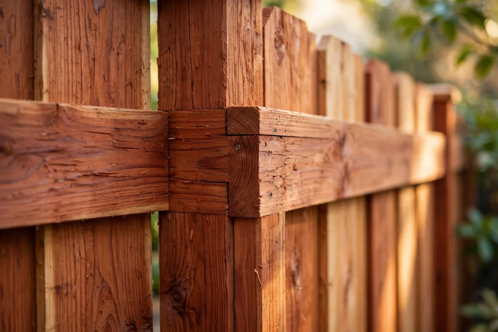 Close-up of a craftsman-built redwood privacy fence in Sacramento